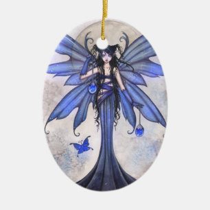 Beautiful Blue Fairy and Butterfly Fantasy Art Ceramic Tree Decoration