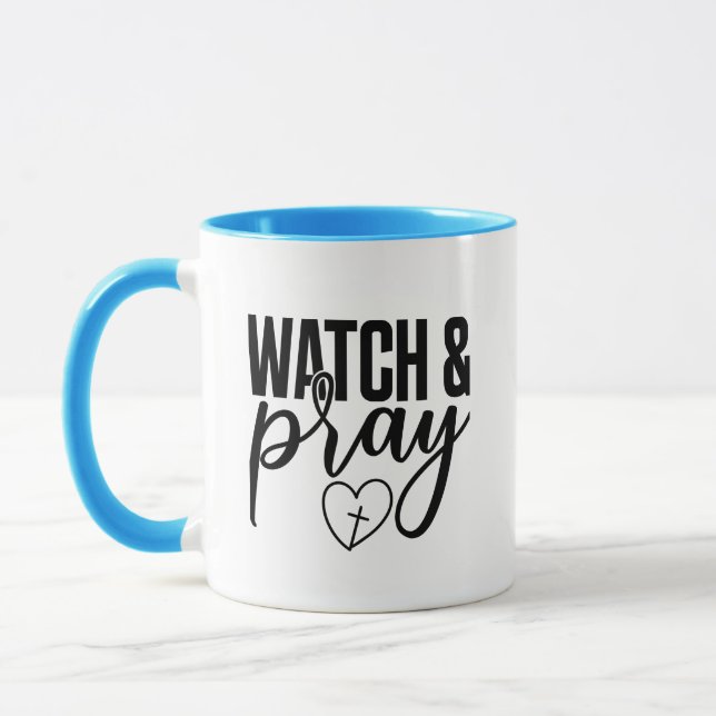 Beautiful Blue Faith Inspired Watch and Pray Mug (Left)
