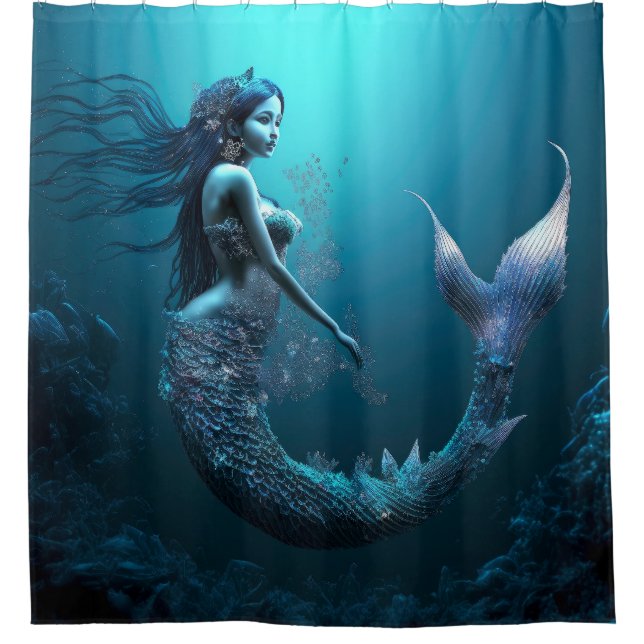  Beautiful Blue Fantasy Mermaid Shower Curtain (Front)