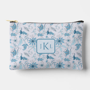 Beautiful Blue Floral and Blue Striped Monogrammed Accessory Pouch