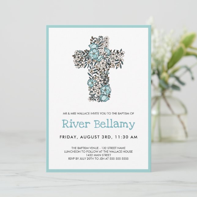 Beautiful Blue Floral Cross Baptism Invitation (Standing Front)