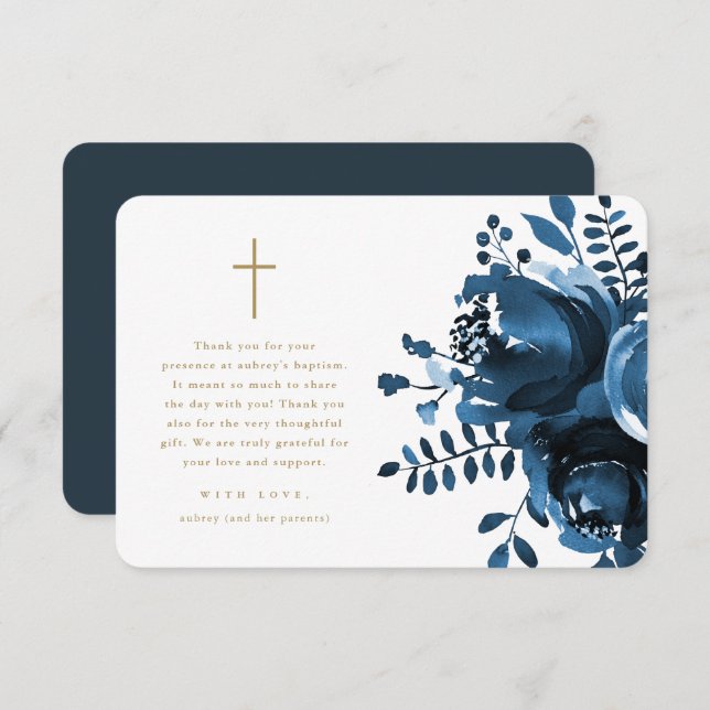 Beautiful Blue Floral Cross Baptism Thank You (Front/Back)