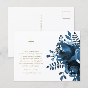Beautiful Blue Floral Cross Baptism Thank You Postcard