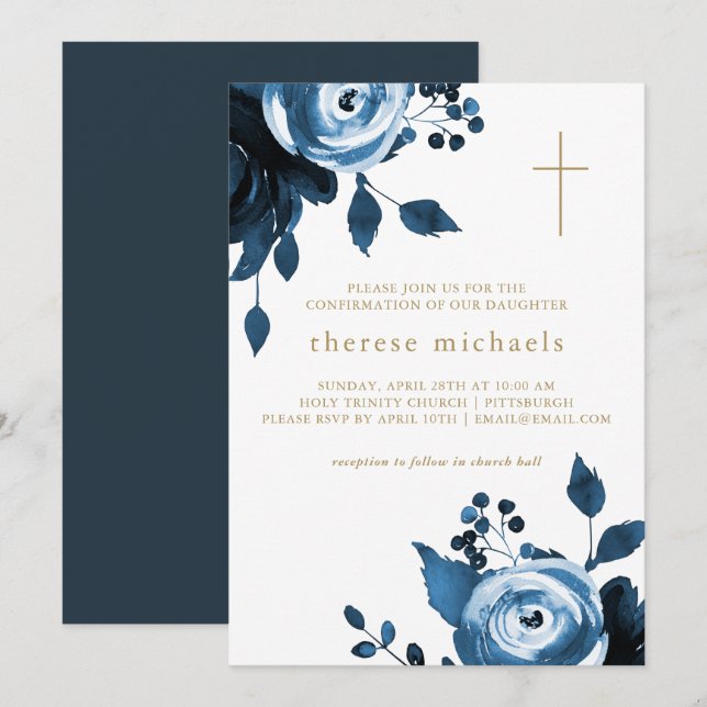 Beautiful Blue Floral Cross Confirmation Invitation (Front/Back)