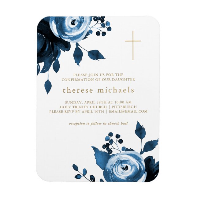 Beautiful Blue Floral Cross Confirmation Magnet (Vertical)