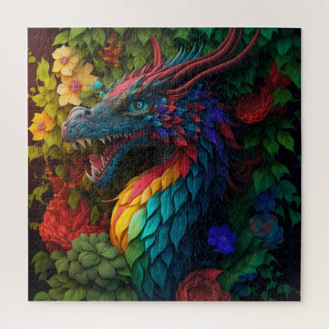 Beautiful Blue Floral Dragon Puzzle (Vertical)