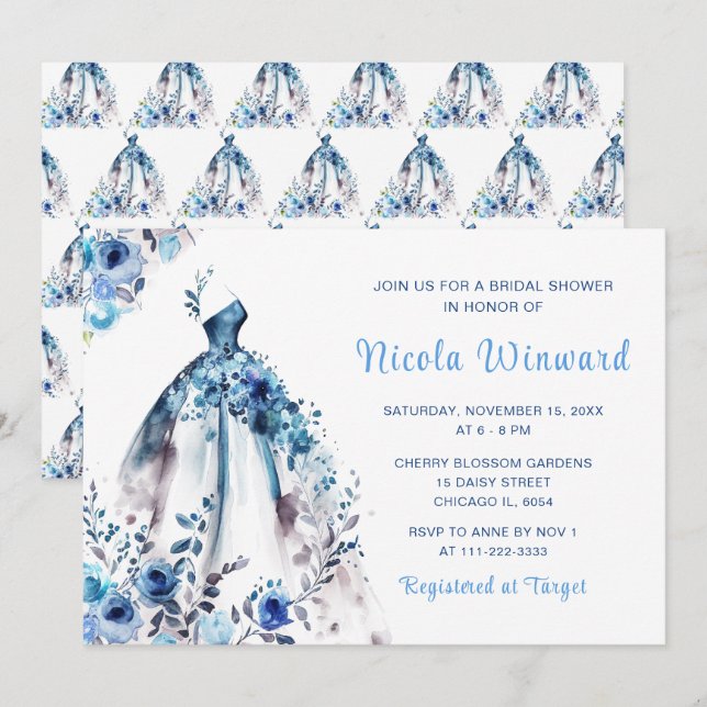 Beautiful Blue Floral Dress Bridal Shower Invitation (Front/Back)