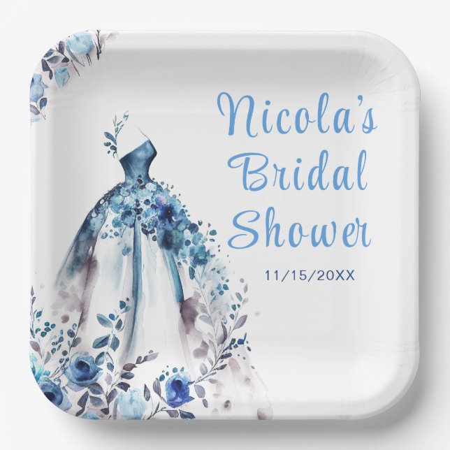 Beautiful Blue Floral Dress Bridal Shower Paper Plate (Front)