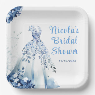Beautiful Blue Floral Dress Bridal Shower Paper Plate