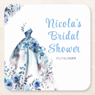 Beautiful Blue Floral Dress Bridal Shower Square Paper Coaster