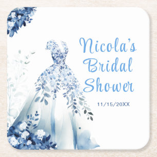 Beautiful Blue Floral Dress Bridal Shower Square Paper Coaster