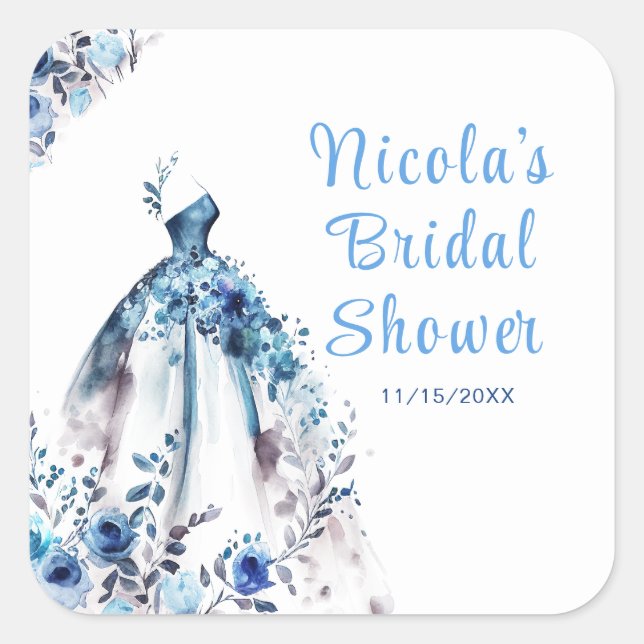 Beautiful Blue Floral Dress Bridal Shower Square Sticker (Front)