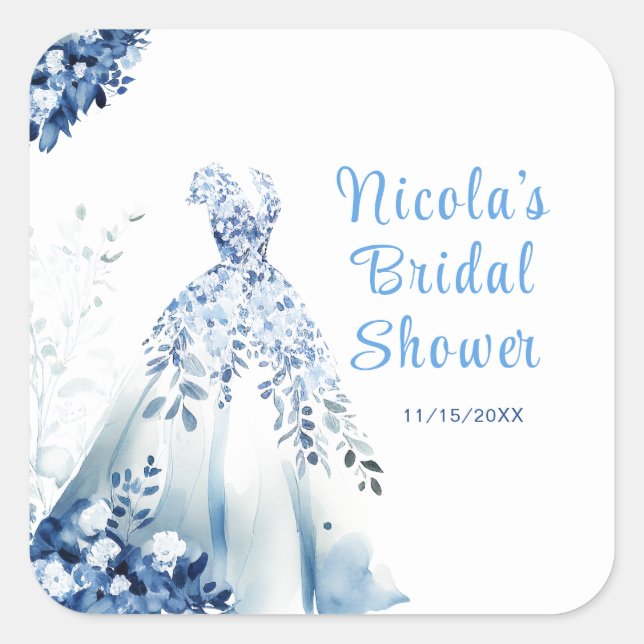 Beautiful Blue Floral Dress Bridal Shower Square Sticker (Front)