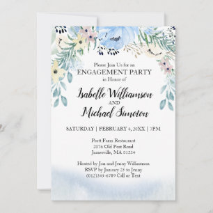 Beautiful Blue Floral Engagement Party Invitations