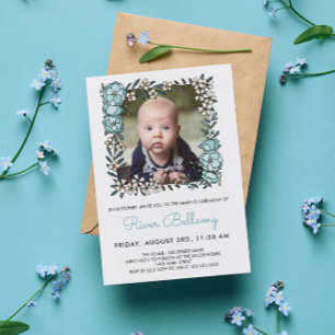 Beautiful Blue Floral Frame Photo Naming Ceremony Invitation