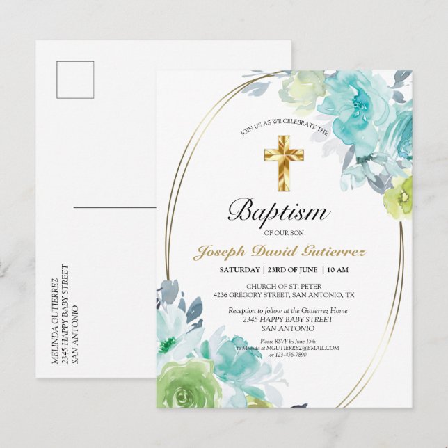 Beautiful Blue Floral Gold Cross Baby Baptism Invitation Postcard (Front/Back)