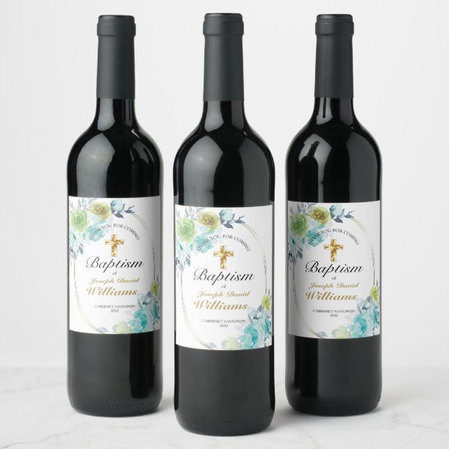 Beautiful Blue Floral Gold Cross Baby Baptism Wine Label (Bottles)