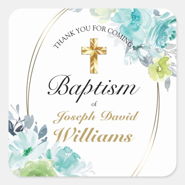 Beautiful Blue Floral Gold Cross Baptism Thank You Square Sticker (Front)