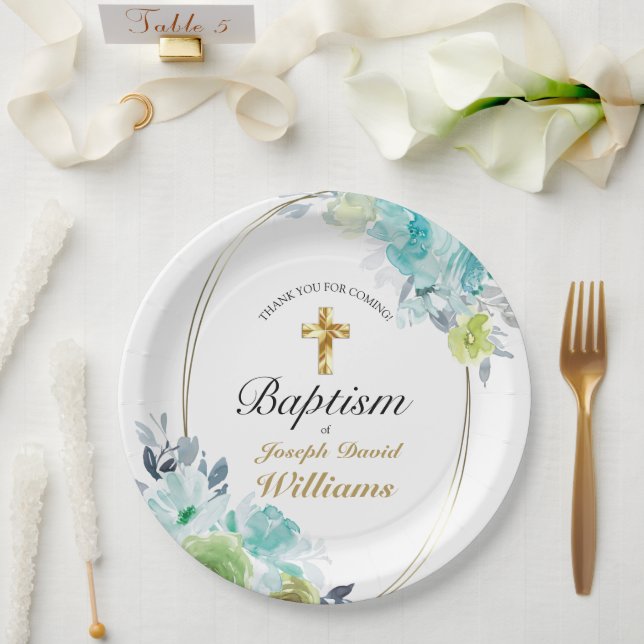 Beautiful Blue Floral Golden Cross Baby Baptism  Paper Plate (Wedding)