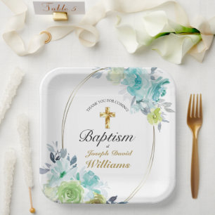 Beautiful Blue Floral Golden Cross Baby Baptism  Paper Plate