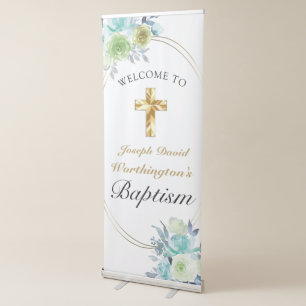 Beautiful Blue Floral Golden Cross Baby Baptism  Retractable Banner