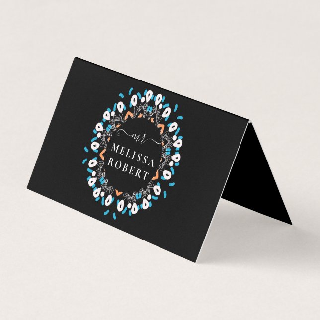 Beautiful Blue Floral Mandala Marble Monogrammed Business Card (Front)