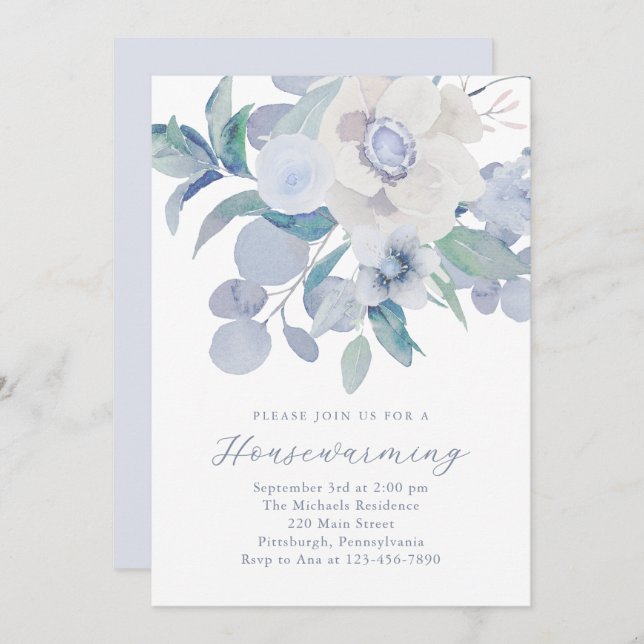 Beautiful Blue Floral New Home Housewarming Party Announcement (Front/Back)
