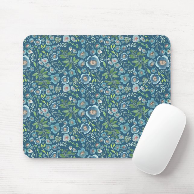 Beautiful Blue Floral Pattern Mouse Mat (With Mouse)