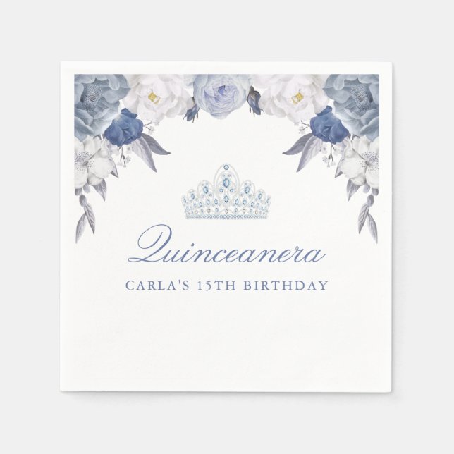 Beautiful Blue Floral Quinceanera Napkin (Front)