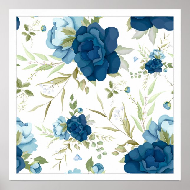 Beautiful Blue Floral Seamless Pattern Poster (Front)