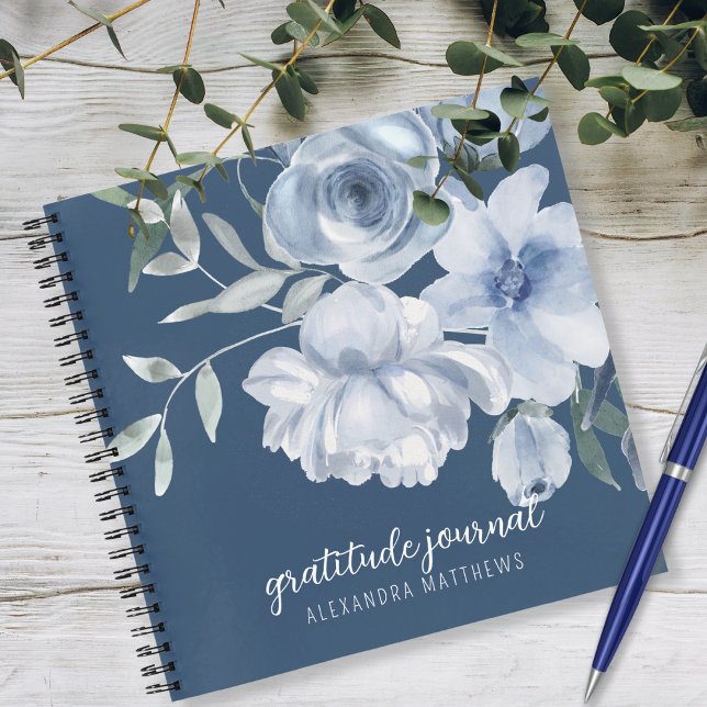 Beautiful Blue Floral Watercolor Gratitude Journal (Click "Personalize this Template" to easily customize this pretty gratitude journal.)