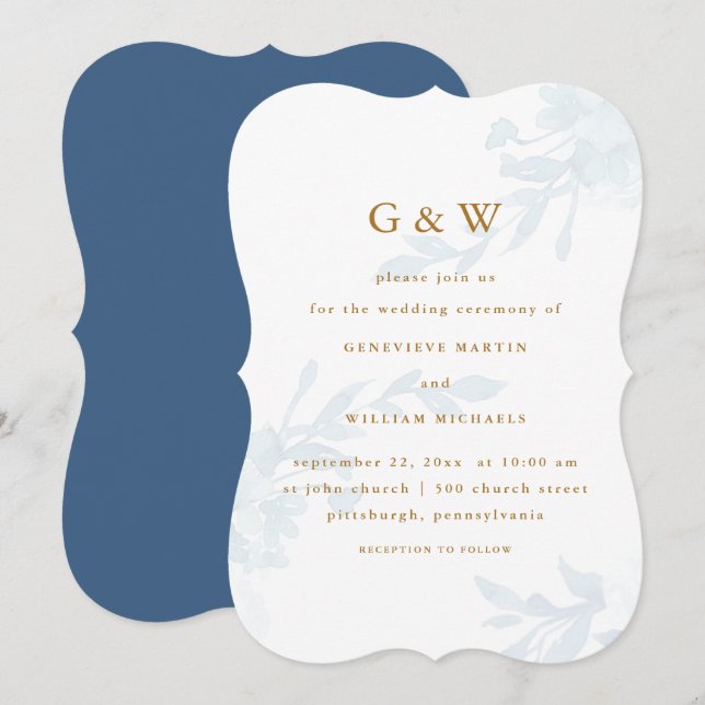 Beautiful Blue Floral with Gold Colour Monograms Invitation (Front/Back)