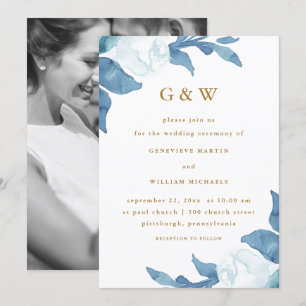 Beautiful Blue Floral with Monograms Photo Wedding Invitation
