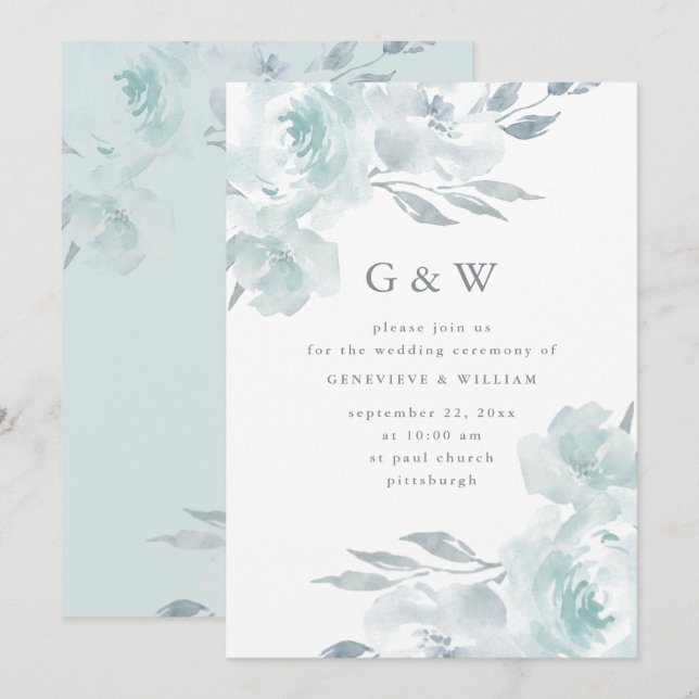 Beautiful Blue Floral with Monograms Wedding Invitation (Front/Back)