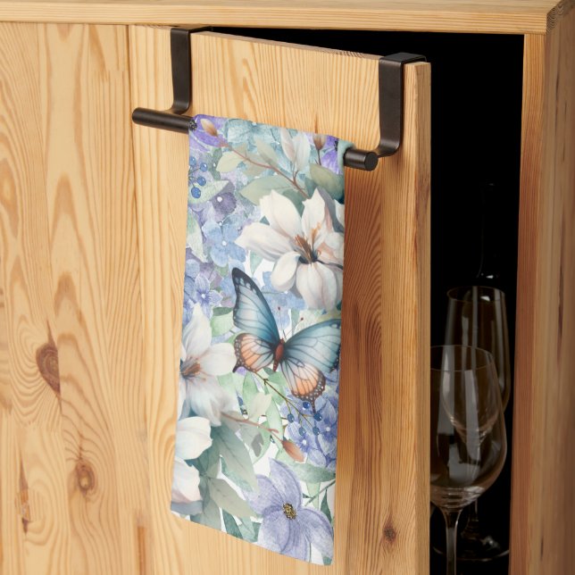 Beautiful Blue Florals & Butterflies Tea Towel (Thirds Fold)