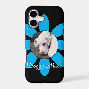 Beautiful Blue Flower Frame Cute Puppy Dog Black
