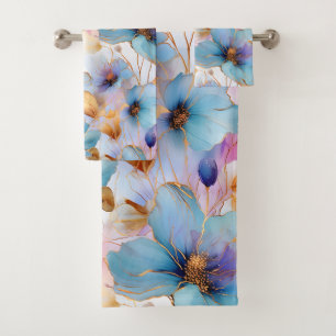 Beautiful Blue Flowers Alcohol Ink in Soft Pastels Bath Towel Set
