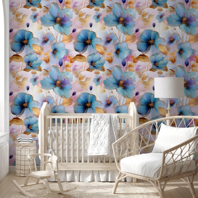 Beautiful Blue Flowers Alcohol Ink in Soft Pastels Wallpaper (Kids)