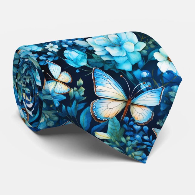 Beautiful Blue Flowers and Butterflies  Tie (Rolled)
