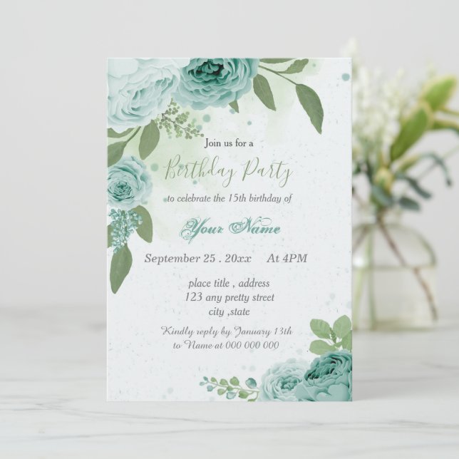beautiful blue flowers green leaves birthday invitation (Standing Front)