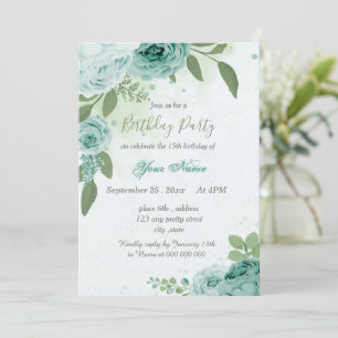 beautiful blue flowers green leaves birthday invitation