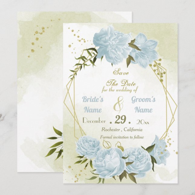 beautiful blue flowers green leaves geometric save the date (Front/Back)