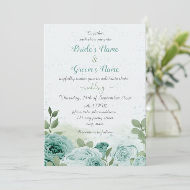 beautiful blue flowers green leaves wedding invitation (Standing Front)