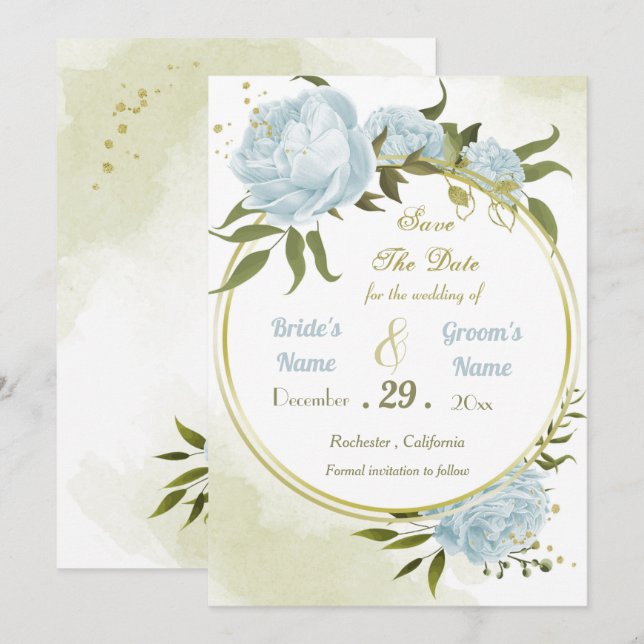 beautiful blue flowers green leaves wreath save the date (Front/Back)