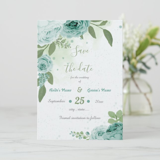 beautiful blue flowers greenery botanical save the date (Standing Front)