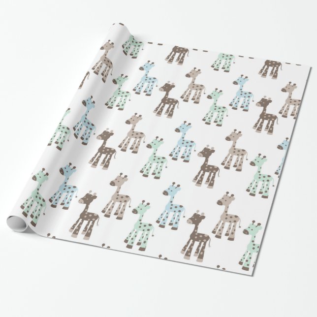 Beautiful Blue Giraffe Baby Pattern Wrapping Paper (Unrolled)