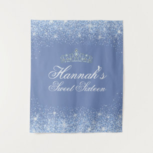 Beautiful Blue Glitter Sweet 16 Backdrop Tapestry