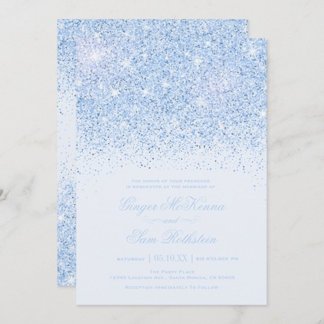 Beautiful Blue Glitter Wedding Invitations (Front/Back)