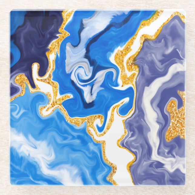 Beautiful Blue, Gold and White Swirls like Water   Glass Coaster (Front)