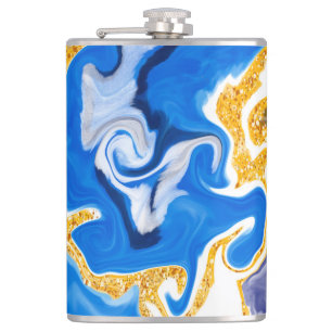 Beautiful Blue, Gold and White Swirls like Water Hip Flask